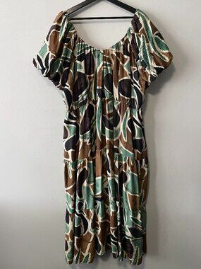 Reitmans Cotton Viscose Black Green Brown Cream Pockets Dress